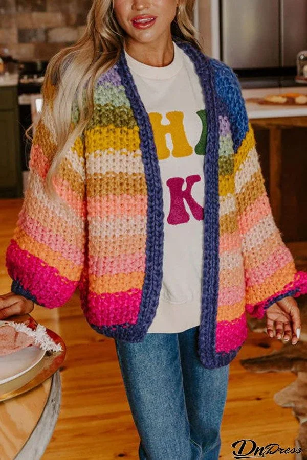 Cozy Daydream Handmade Chunky Knit Colorful Stripe Pattern Cardigan