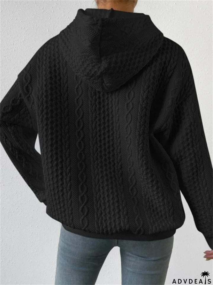 Sport Style Drop Shoulder Drawstring Knitted Hoodie for Women