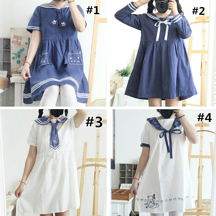 Navy Blue/White Sailor Long Sleeve/Short Sleeve Dress SP166686
