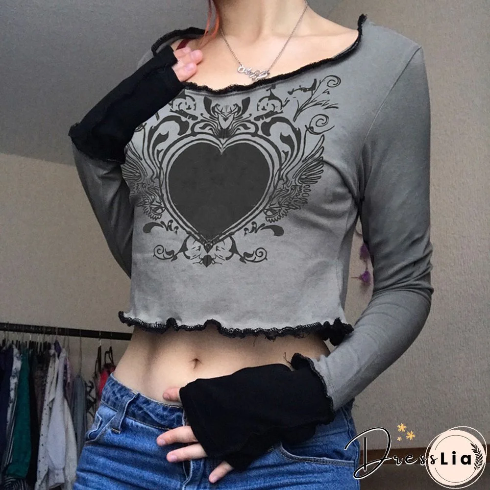 Y2K Autumn Women's Casual Long Sleeve T-shirt Vintage Heart Printing Round Neck Exposed Navel Wavy Tops Streetwear