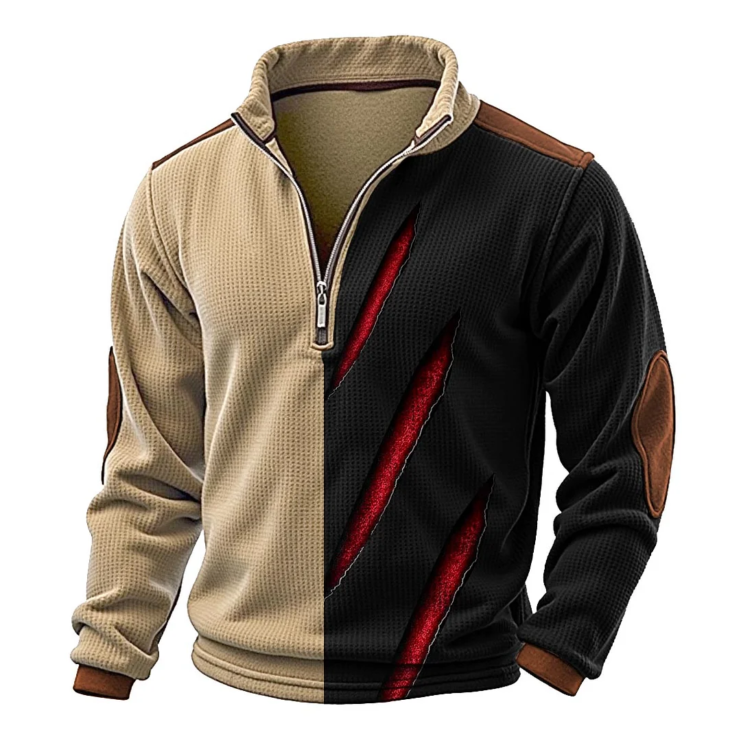 Men's Vintage Waffle Knit Animal Scratch Print Quarter Zip Stand Collar Long Sleeve Sweatshirt