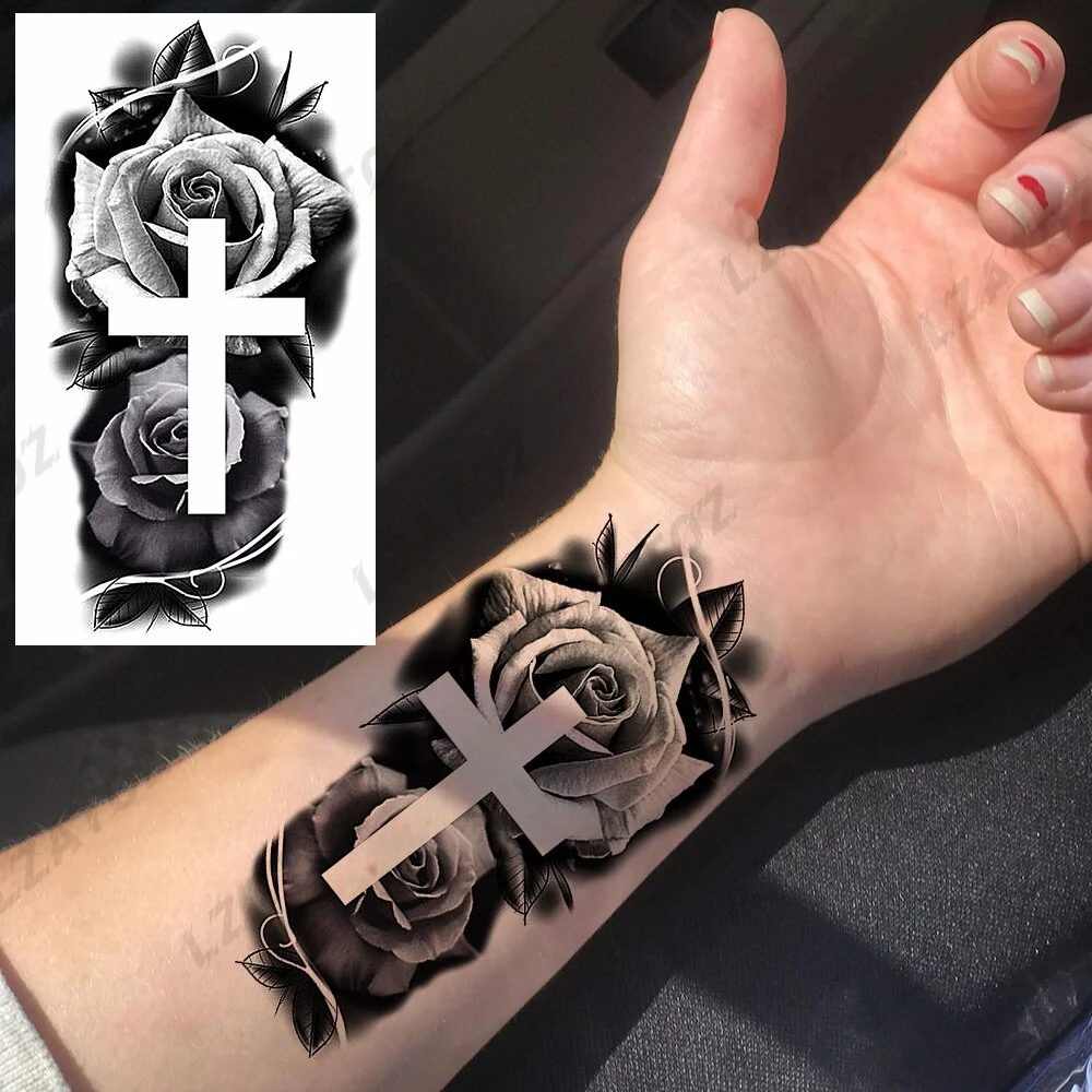 Sdrawing Rose Flower Temporary Tattoos For Woman Adults Realistic Compass Cross Fake Tatoos Sexy Waterproof Hand Tattoo Sticker
