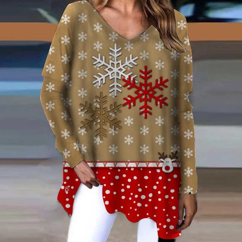 Snowflake And Polka Dot Print V-neck Long Sleeve T-shirt