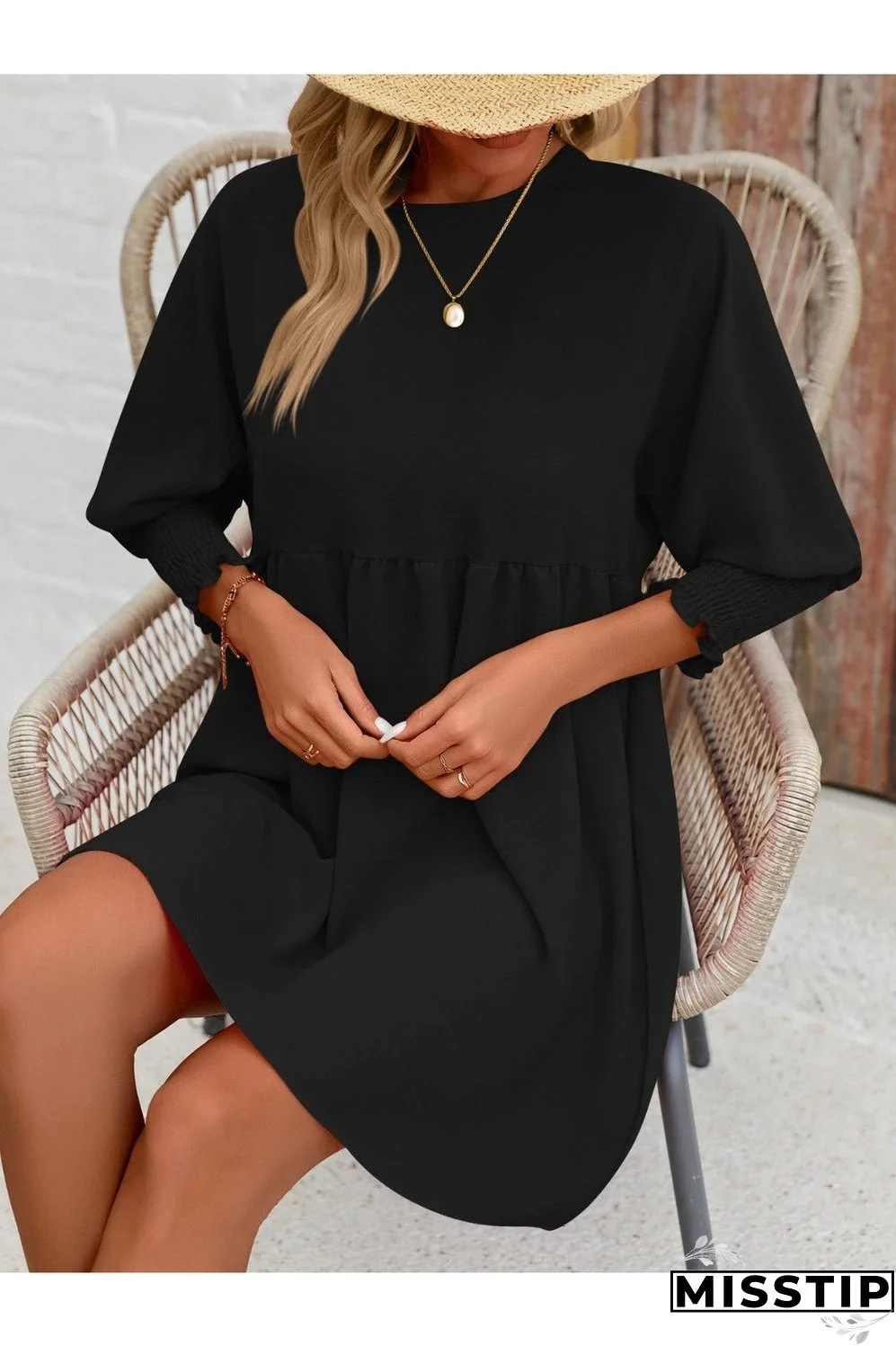Round Neck Lantern Sleeve Mini Dress
