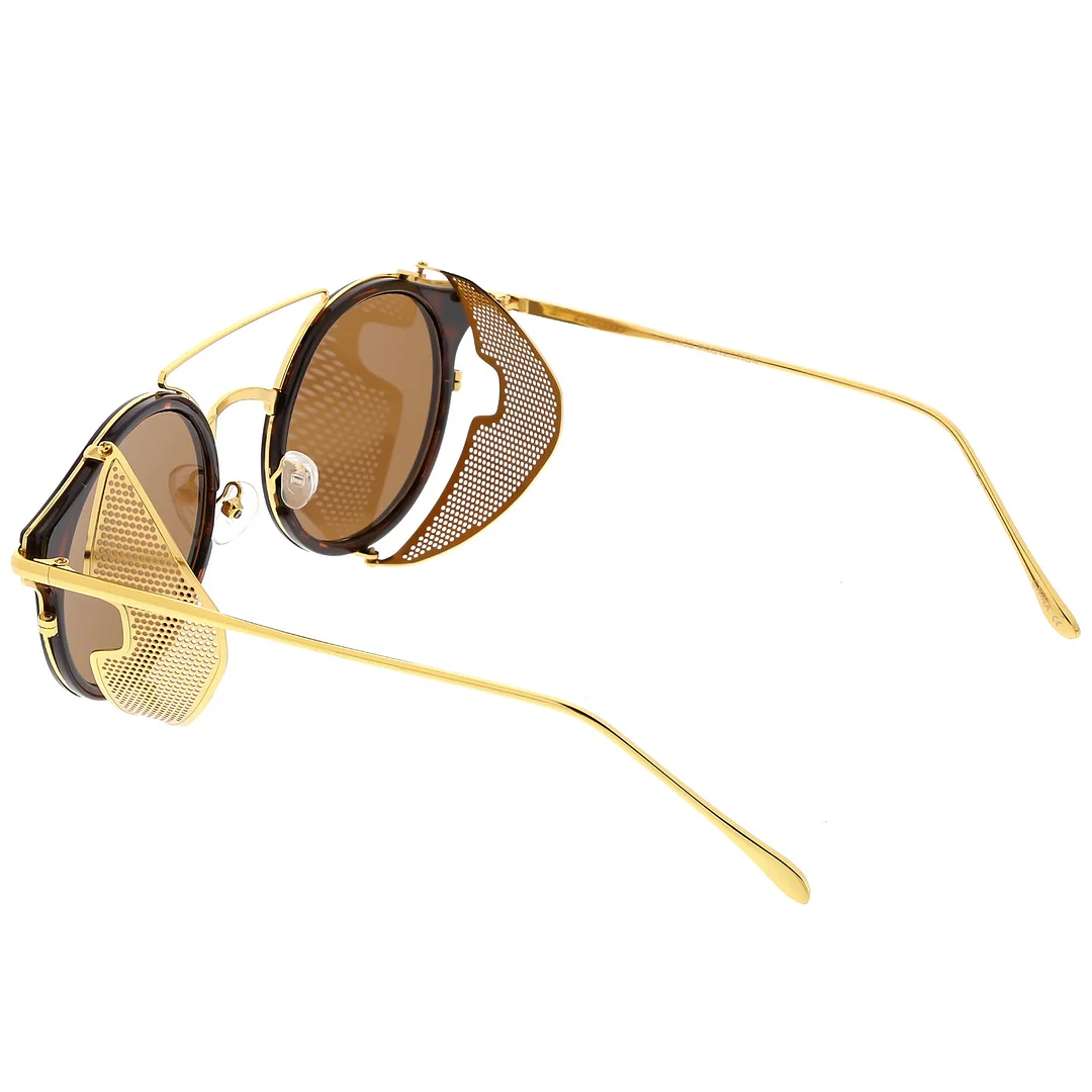 Steampunk Round Horn Rimmed glasses Double Crossbar Fold In Side Covers Flat Lens 54mm