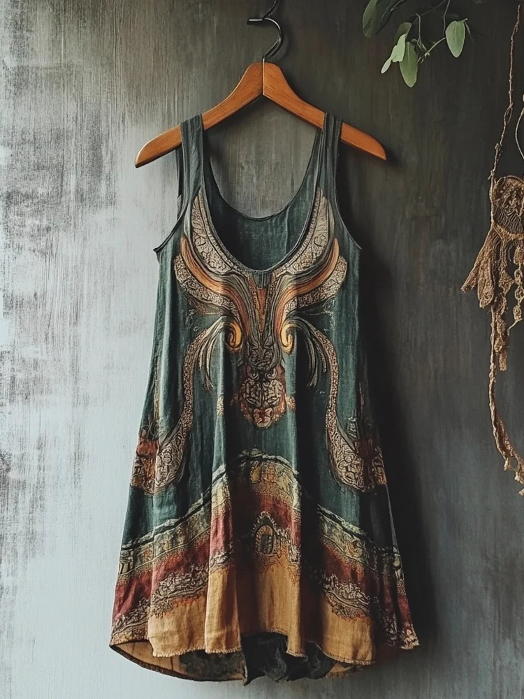Utbros Viking Mystery Vintage Totem Linen Tank Dress