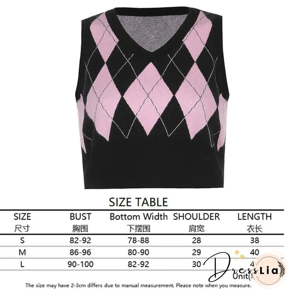 V Neck Vintage Argyle Sweater Vest Women Black Sleeveless Plaid Knitted Crop Sweaters Casual Autumn Preppy Style tops
