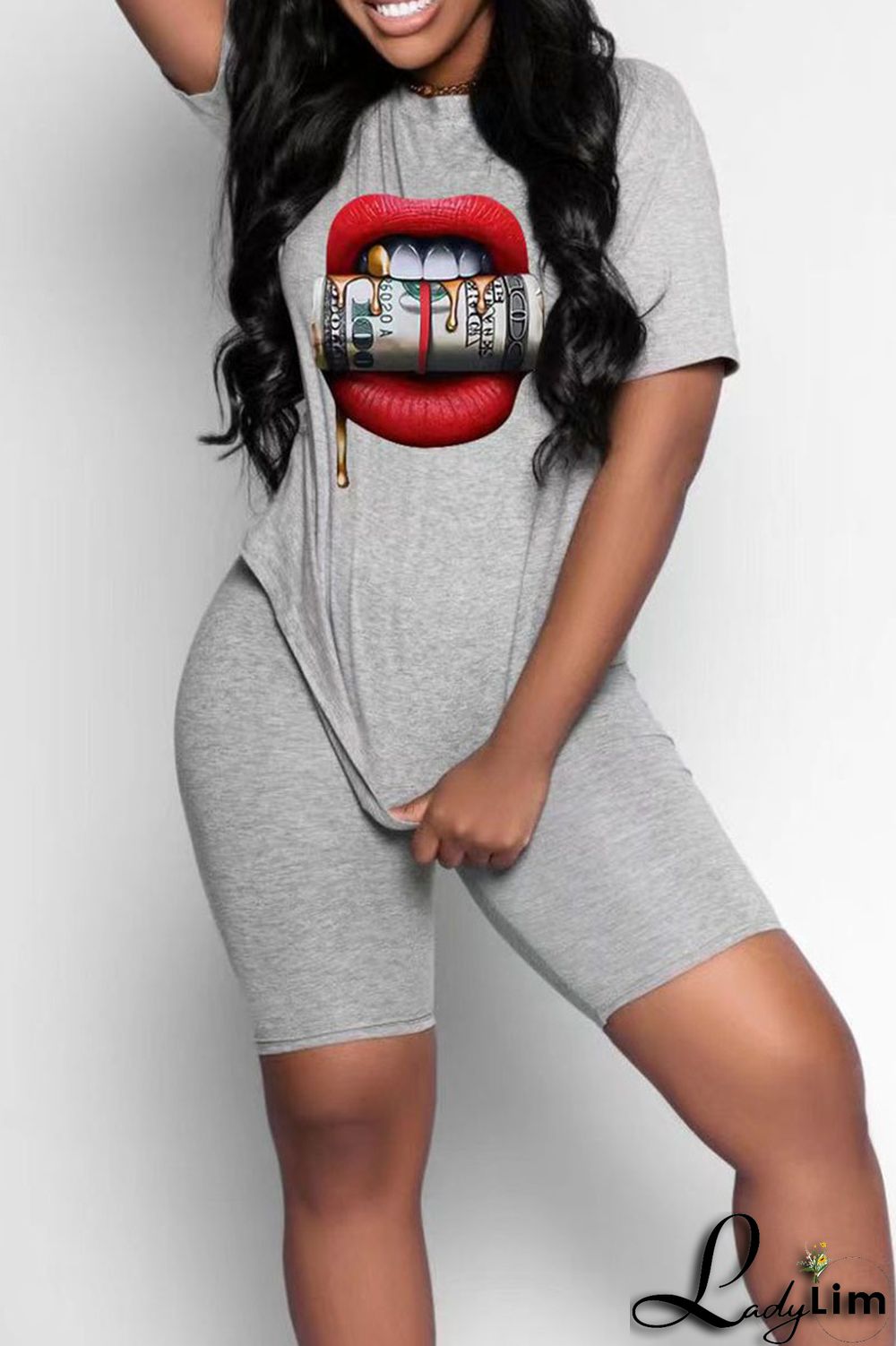 Black Casual Print Split Joint O Neck Short Sleeve Two Pieces