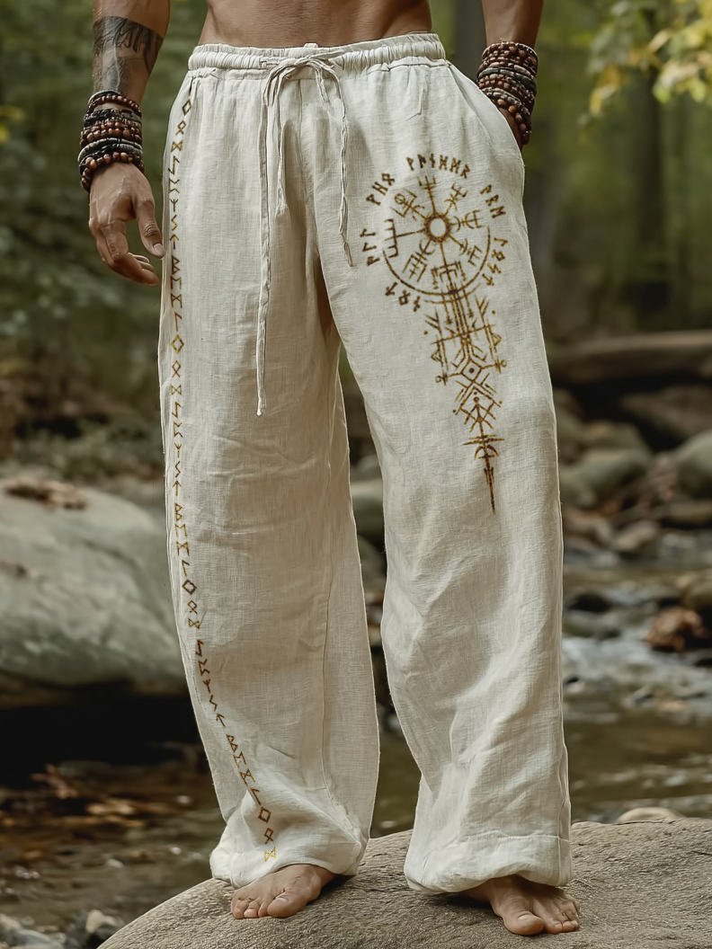 Men's Viking Holiday Style Vintage Ethnic Rune Totem Casual Linen Pants / Rvogue / Rvogue