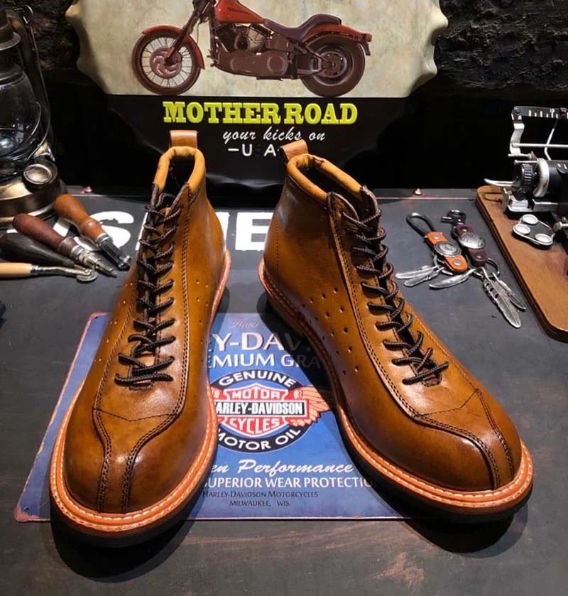 Vintage Genuine Leather Boots Full Grain Ankle Designer Shoes Men High Quality Fall Booties Short Brown Lace Up