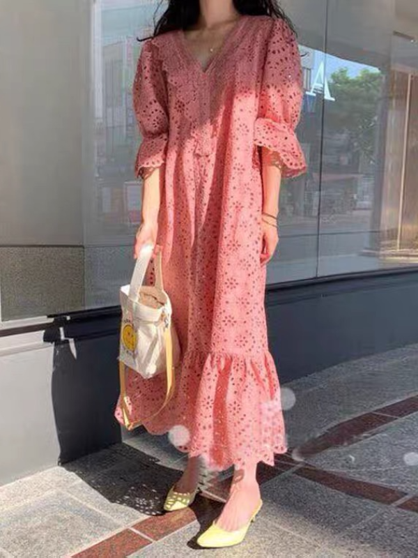 Stylish Hollow Lace Crochet Half Sleeves H-Line Midi Dress