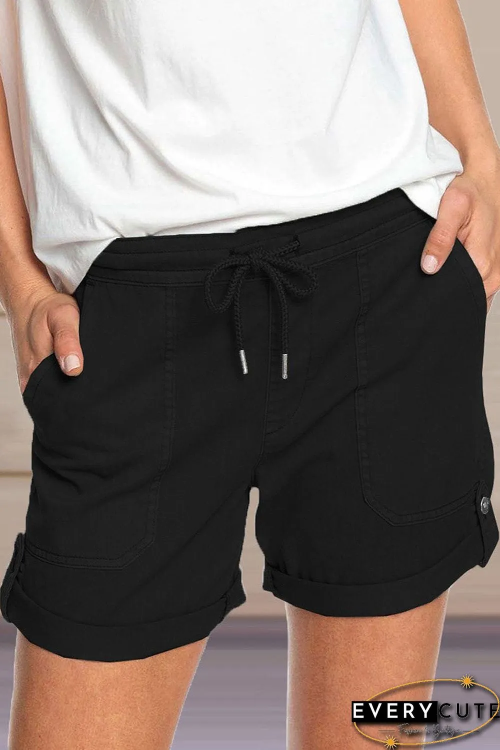 Solid Drawstring Waist Casual Shorts