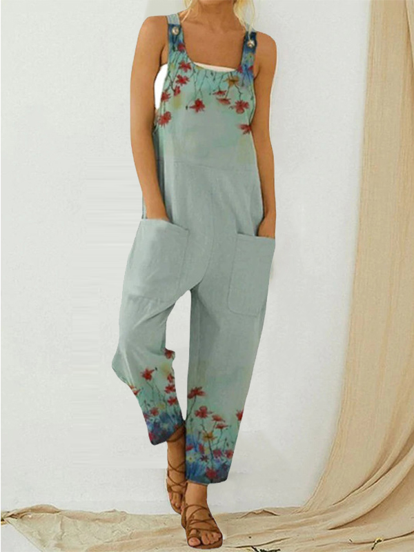 Women's Floral Print Pocketed Suspender Jumpsuit