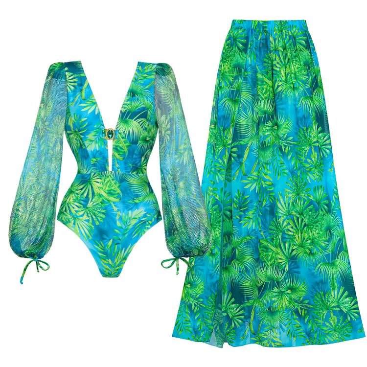 Long-sleeved Jungle Green Print One Piece  Swimsuit and Skirt