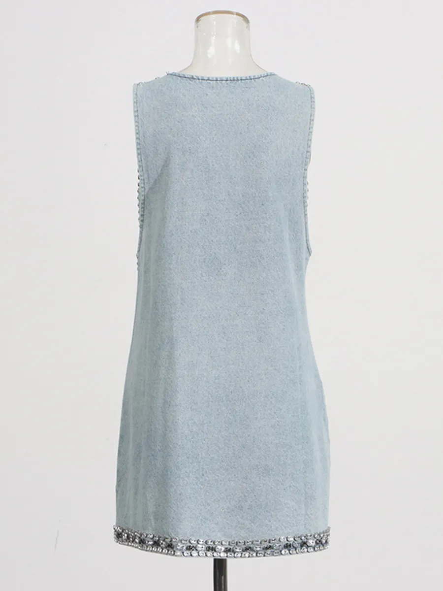 Brownm Fashion Heavy Industry Design Dress Women 2025 Summer New V Collar Drill Splicing High-End Sense Slings Denim Skirt