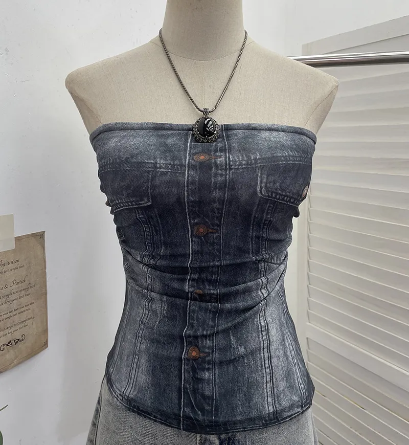 Nigikala Nigikala Shooting Denimed Tie-Dye Printing Mesh Yarn Tectar Tset With Chest Cushion Anti-Slip Vest Short Top 1255