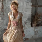Vintage Boho Pink Rose Embroidery Art Cozy Linen Maxi Dress - Image 2