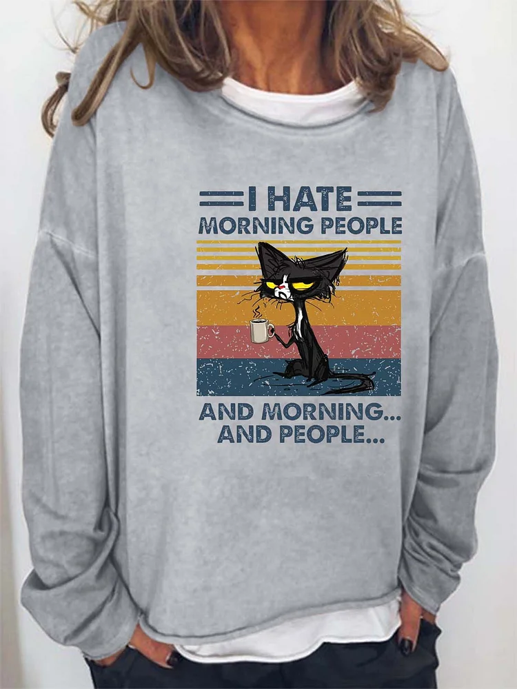 Women Cat Temperament Coffee Letters Casual Loose Crew Neck Sweatshirts