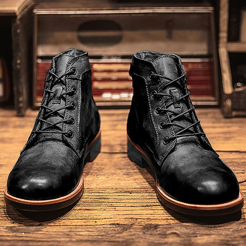 American Retro High Top Handmade Old Leather Ankle Boots Shoes