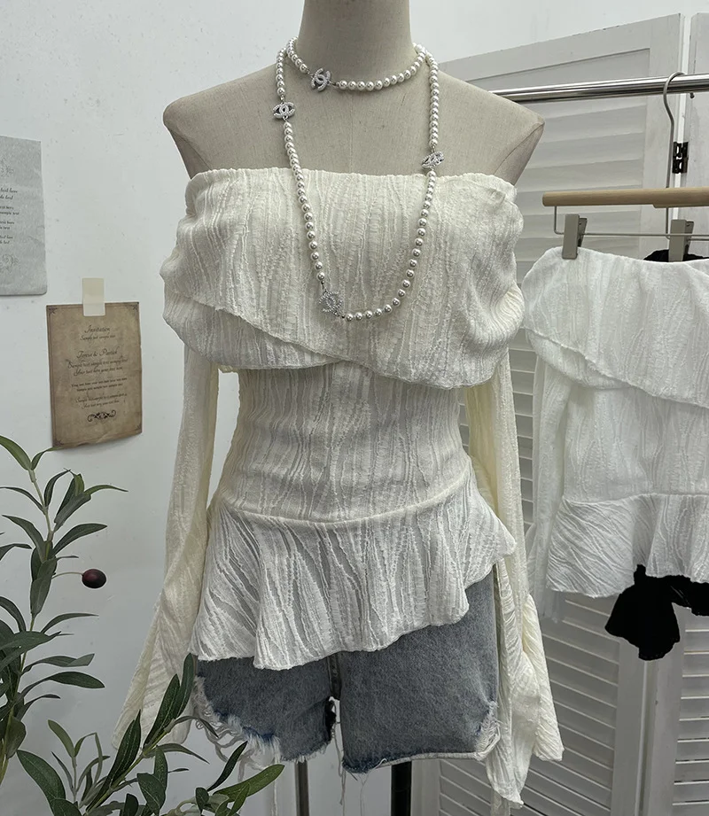 Uveng The Ballet Style Shoulder Fold Texture Texture Coat Irregularly Ribbon Horn Sleeve Short Shirt 1158