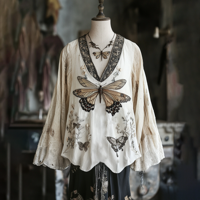Comstylish Women's Floral Dragonfly Embroidery Linen Art V-neck Shirt