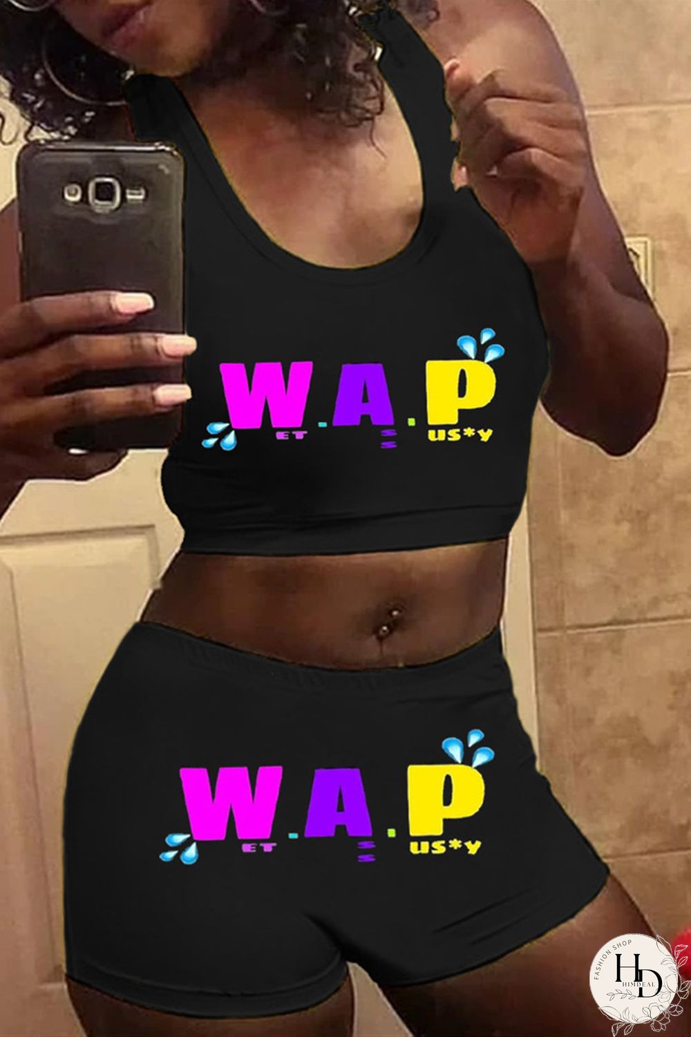 Black Casual Sportswear Sleeveless U Neck Tank Short Print Two Pieces