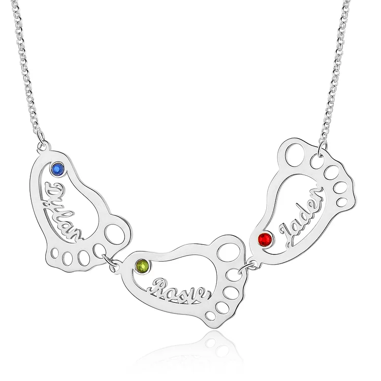 Personalized Baby Feet Name Necklace with 3 Birthstones Mother Necklace