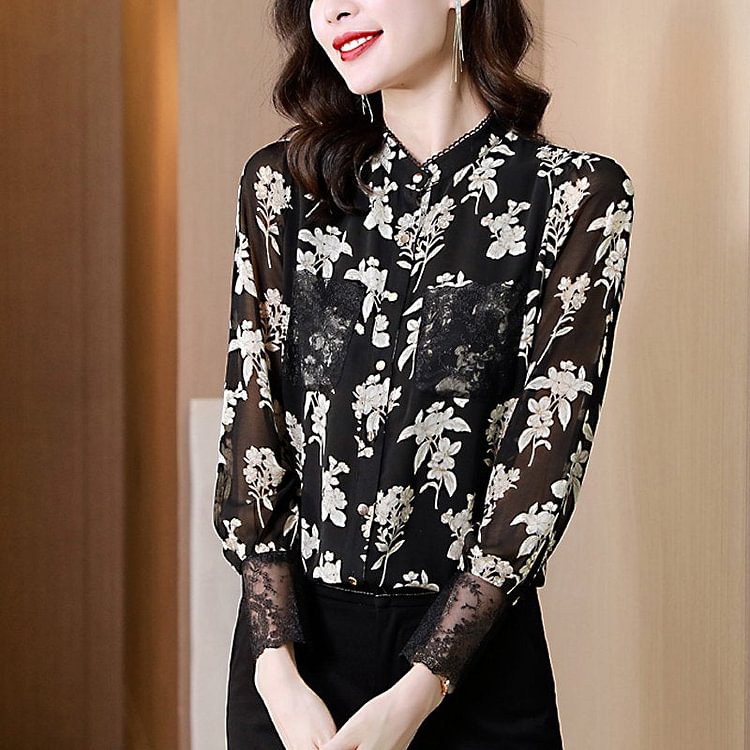 Black Floral Long Sleeve Casual Shirts & Tops