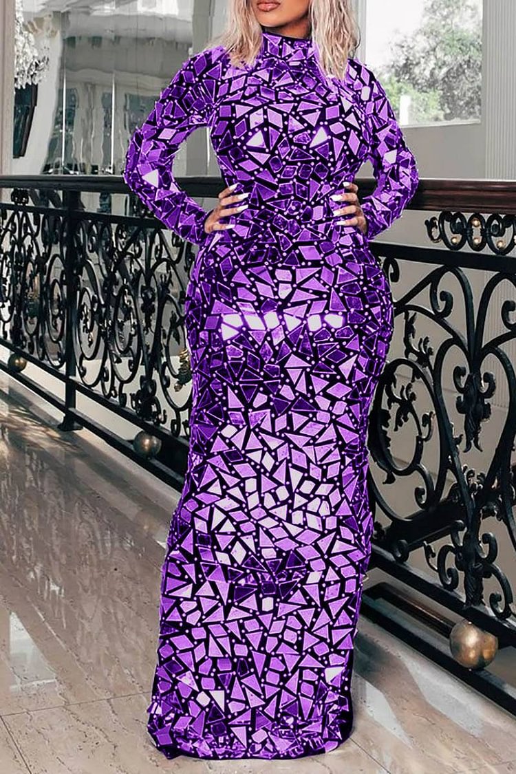 Plus Size Purple Party Mock Neck Long Sleeve Sequin Splicing Maxi Dress [Pre-Order]
