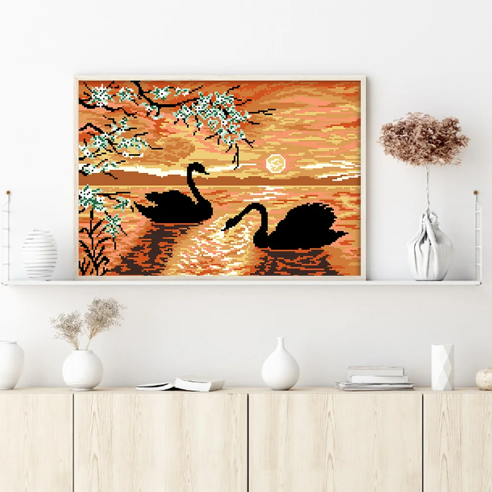 9CT Full Cross Stitch Bead Embroidery - Swan Lake(Canvas|50*36CM)