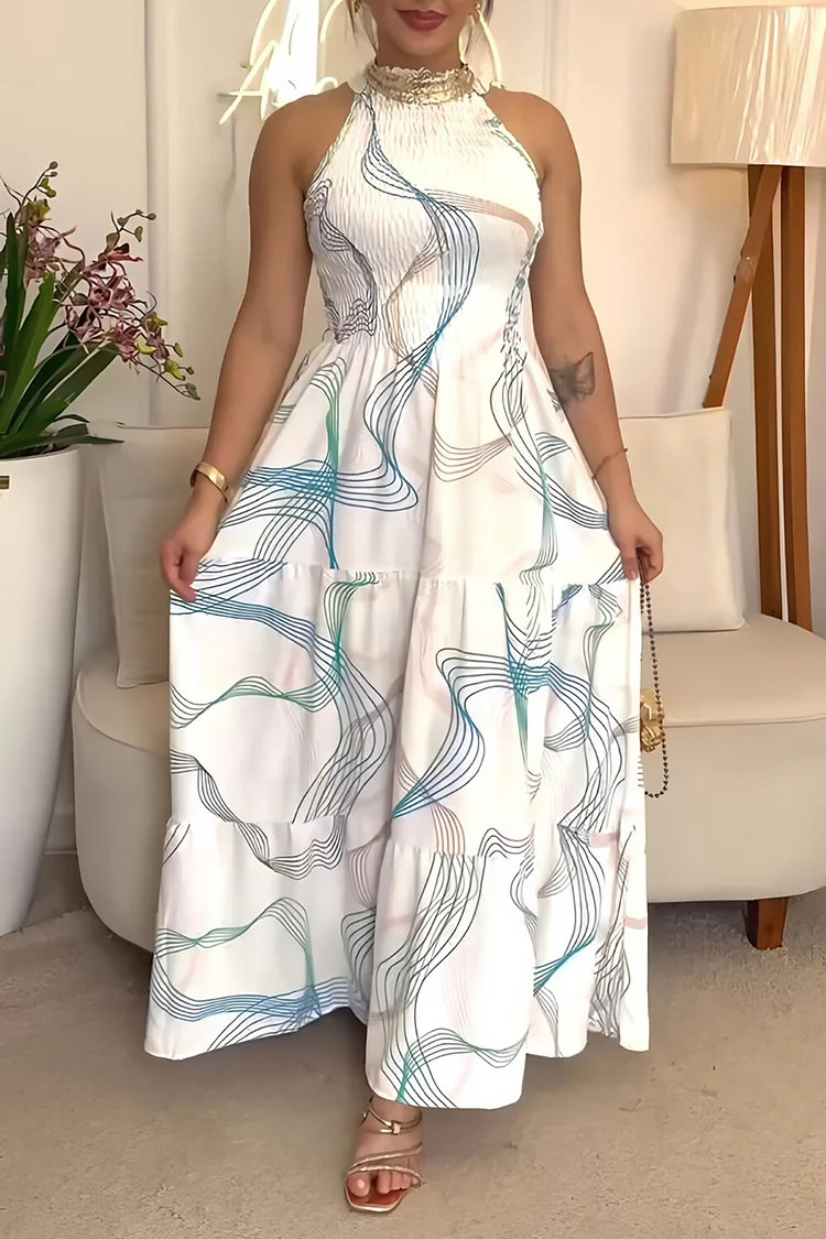 Striped Print Sleeveless A-Line Maxi Dresses-White