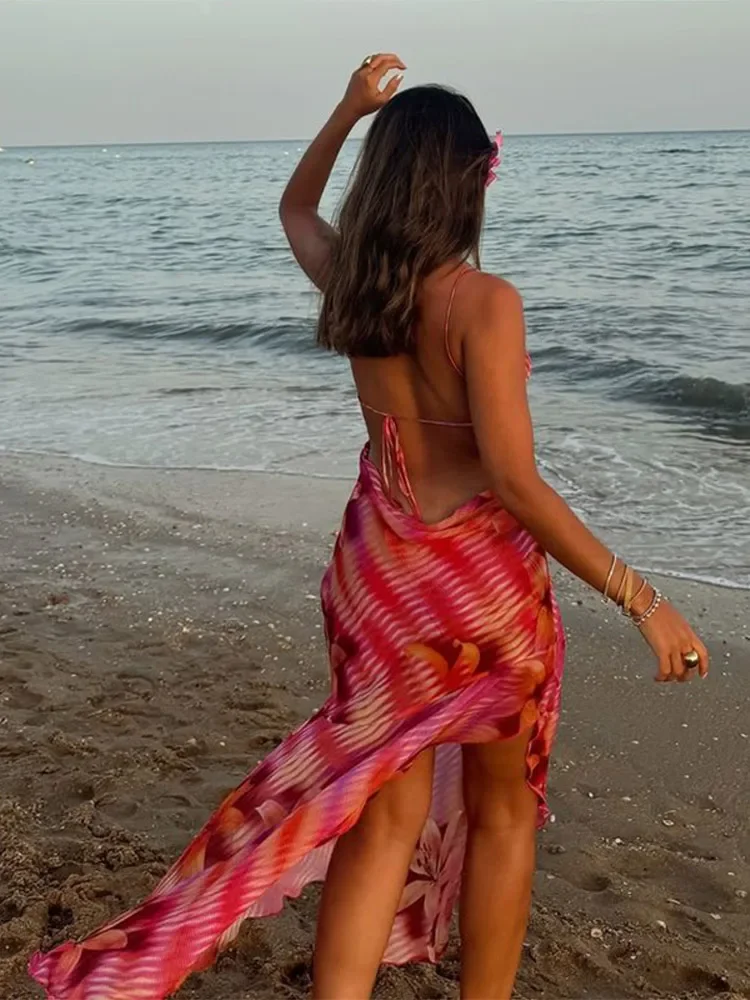 Women Fashion Sleeveless Backless Ruffles Chic Flower Printed V Neck Maxi Dress