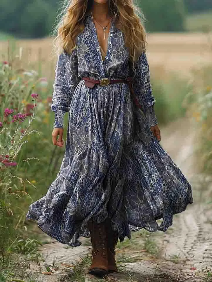 Women's Ethnic Floral Art Print Pocket Cotton Dress