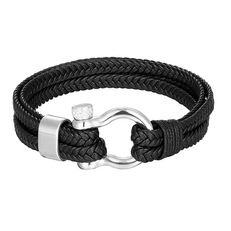 Mens Braided Leather Bracelet Stainless Steel Horseshoe Buckle for Boys/Husband/Son