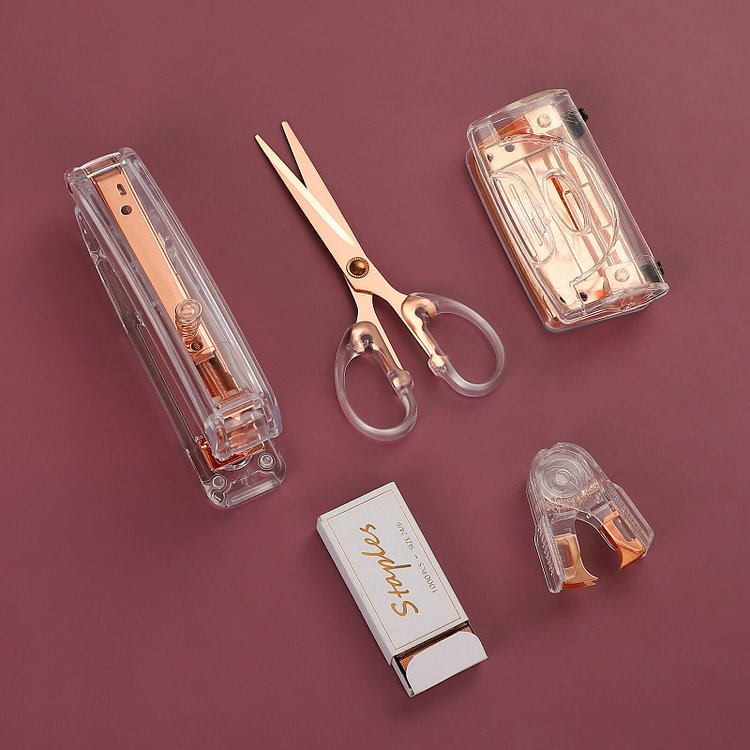 JOURNALSAY 5 Pcs Transparent Rose Gold Student Office Cutting Tools Set Acrylic Desktop