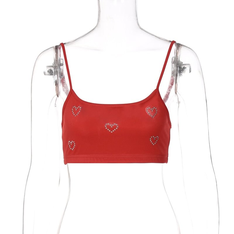 Dulzura Heart Shaped Rhinestone Strap Red Crop Top Camis Bodycon Sexy Casula Streetwear Party Club Women 2021 Summer Clothes