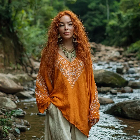 Bohemian Tribal Embroidery Print Cotton And Linen Blend Loose Blouse