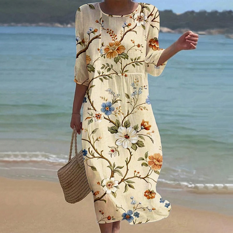 Vintage Floral Art Linen Blend Loose Linen Dress wearshes