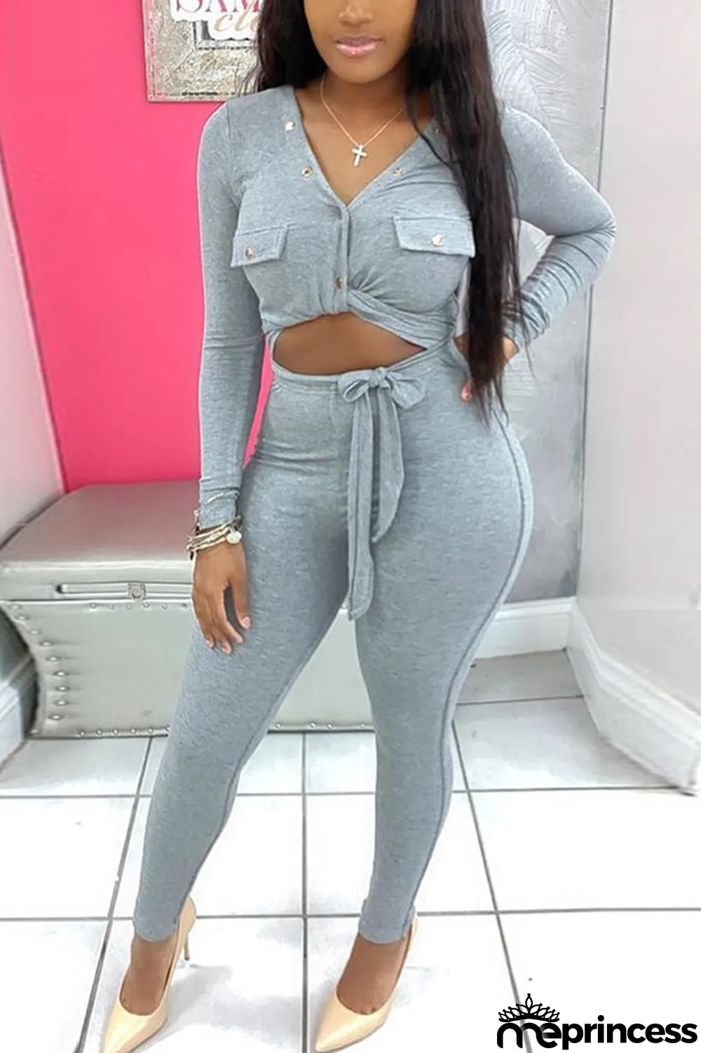 Grey Fashion Casual Solid Basic V Neck Long Sleeve Two Pieces