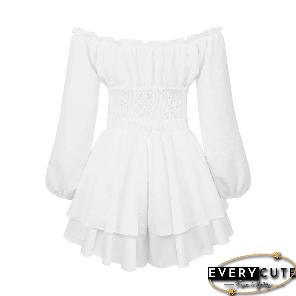 White Off Shoulder Pleated Ruffled Long Sleeve Romper