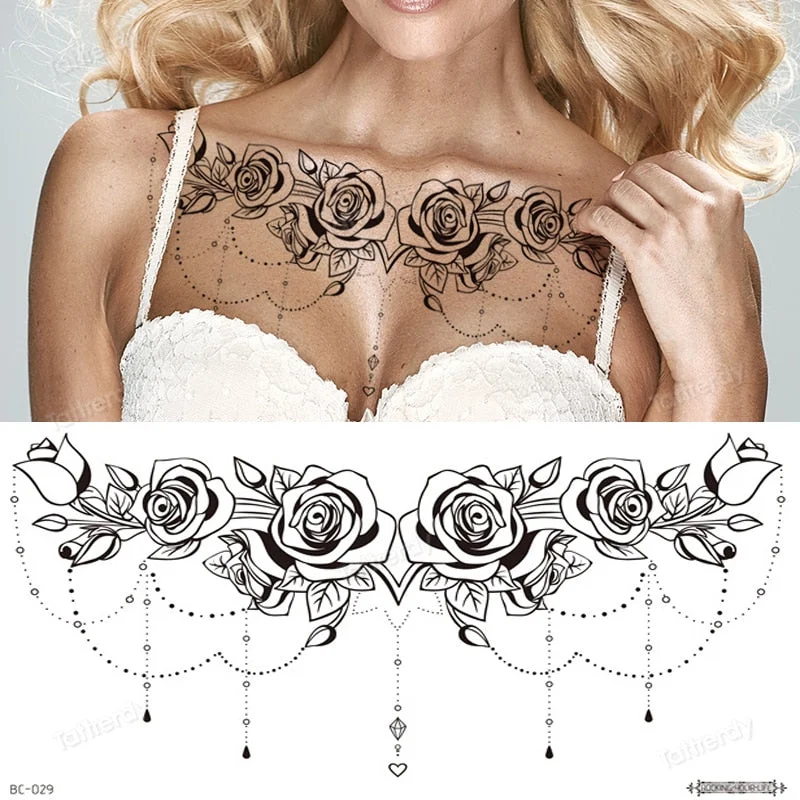 sexy tattoo sticker women lace Amazing Temporary Tattoos jewel black fake henna tattoo breast underboob body art flowers rose