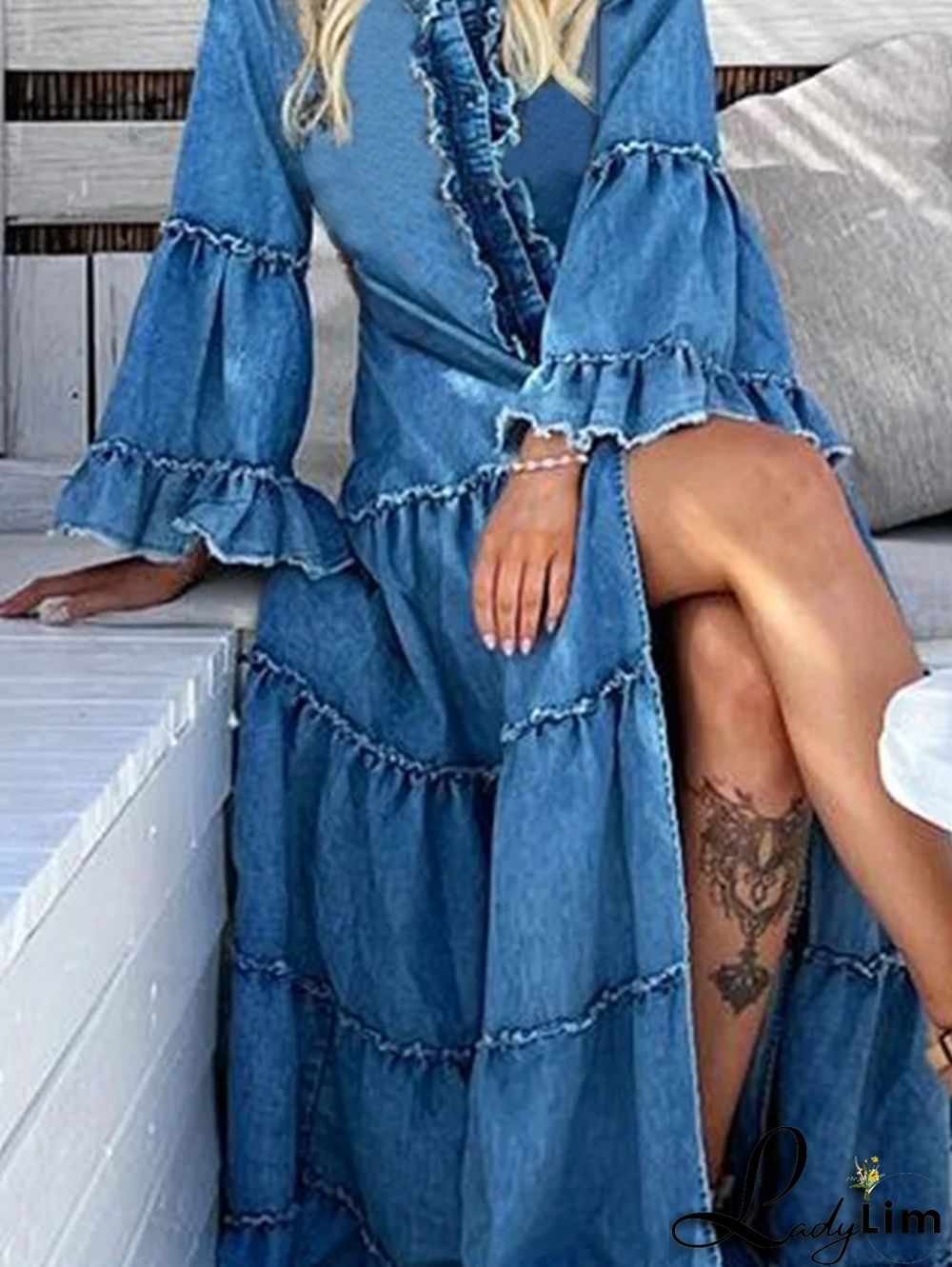 Casual Denim Ruffle Split Tiered Maxi Dress