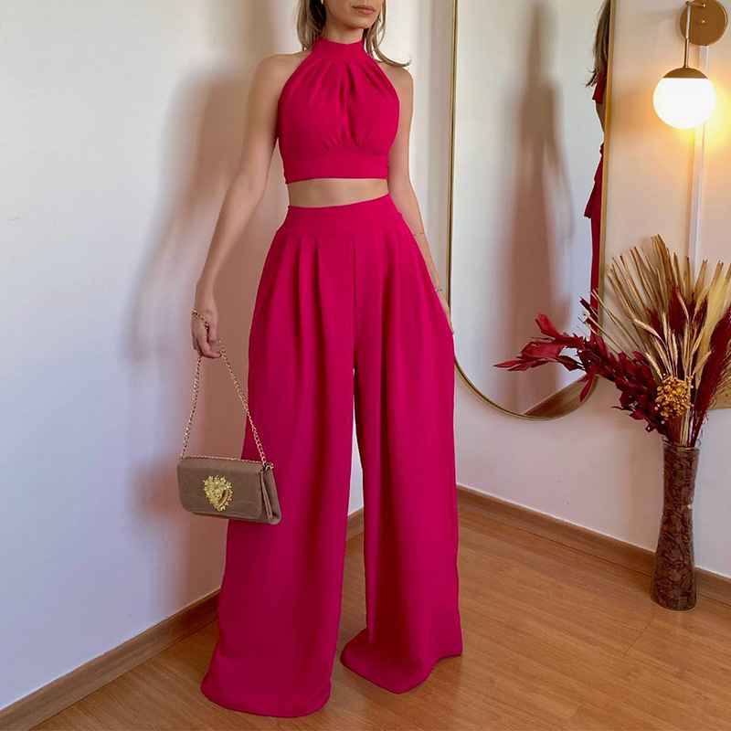 Falconsama Sexy Fashion Loose Outfits Tracksuit Sleeveless O Neck Crop Top Wide Leg Pants Suit Y2K INS Clothes Elegant Women Two Piece Set