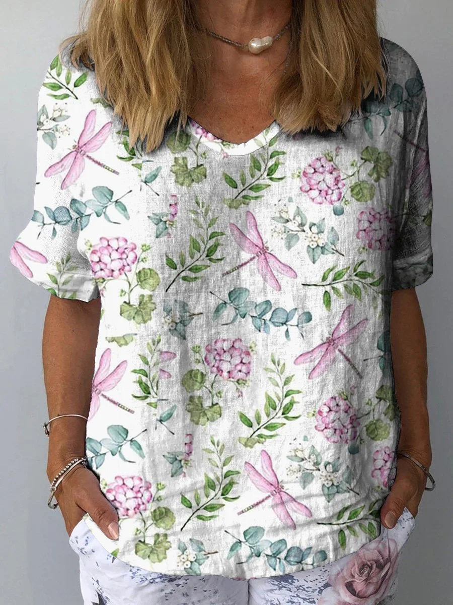 Dragonfly And Floral Repeat Pattern Printed Women's Casual Cotton And Linen Shirt