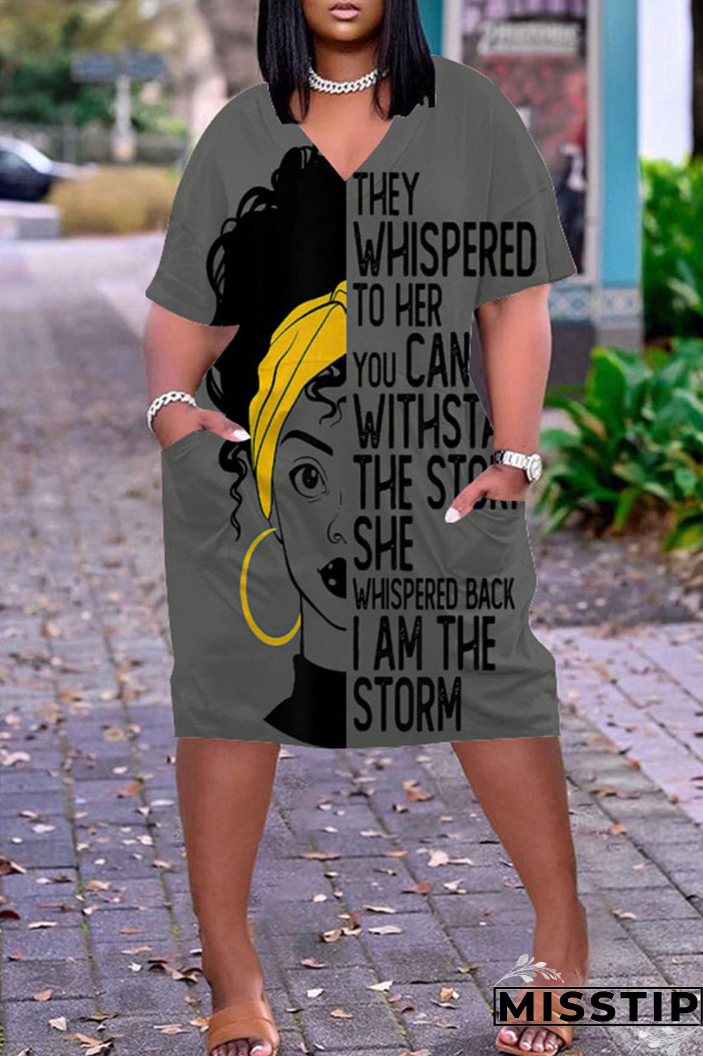 Army Green Fashion Casual Print Basic V Neck Short Sleeve Dress