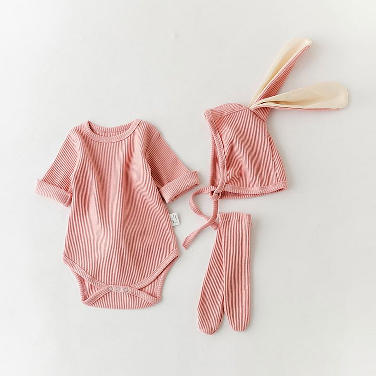  3-pcs Baby Solid Color  Bodysuit & Rabbit Ear Bonnet & Socks Set