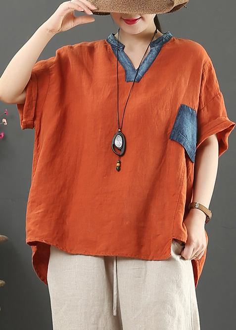 VCSHOES orange linen tops women v neck pockets silhouette shirt