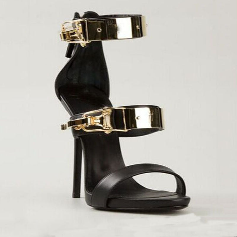 TAAFO Leather Buckle Open Toe High Heel Sandals