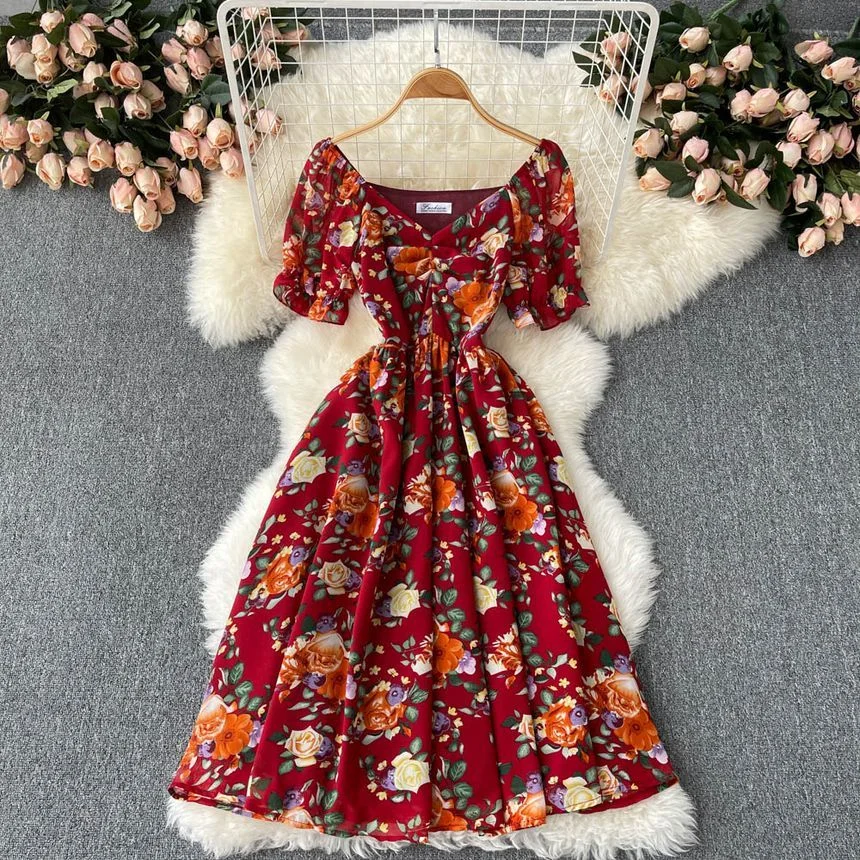 Cottagecore Fashion V-Neck Floral Midi A-Line Dress SP17265
