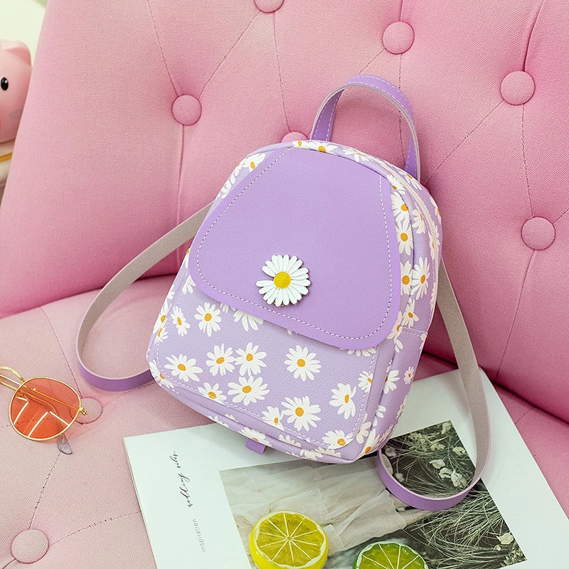 Women’s Small Pu Leather Daisy Cute Streetwear Square Zipper Zipper Backpack